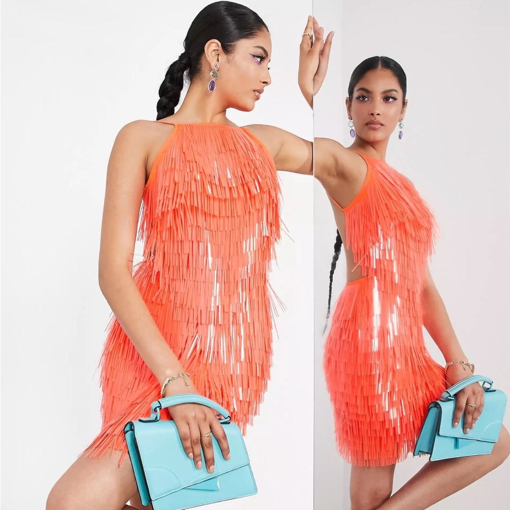ASOS EDITION sequin shard halter mini dress in orange